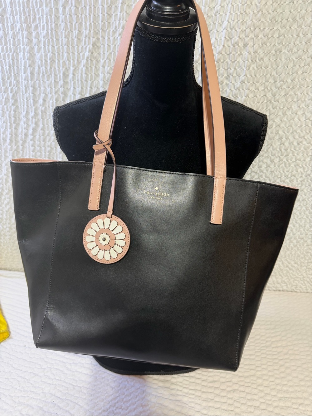 kate spade Black Leather Tote with Blush Pink Handles and Floral Charm
